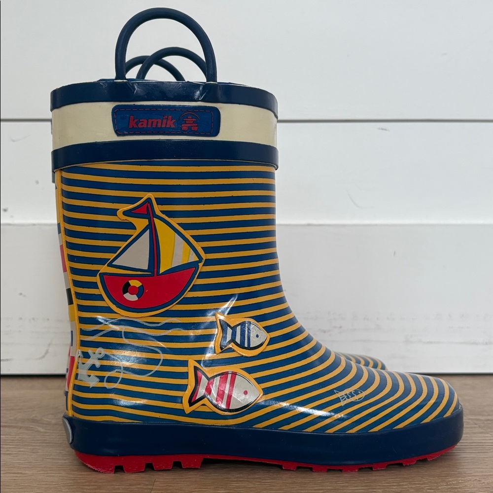 Kamik Rain Boots kids‎ Size 2 Blue Yellow Nautical Sailboat NWOT